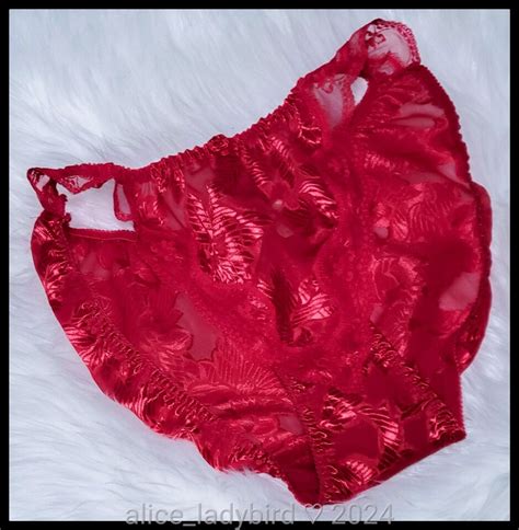 NOS Vintage SHINY String Bikini PANTIES Red SATIN Lace Ruffle FLORAL Liquid L EBay