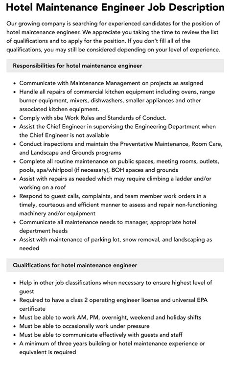 Hotel Maintenance Engineer Job Description Velvet Jobs