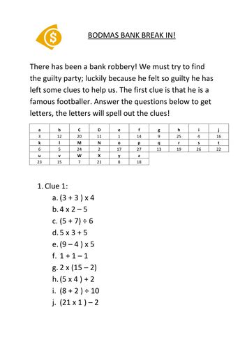 Maths Ks3 Bodmas Worksheet With Clues By Bcooper87 Teaching