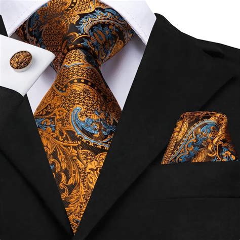 Hi Tie 100 Silk Luxury Mens Ties Floral Black Gold Ties Paisley Necktie Pocket Square Cufflinks