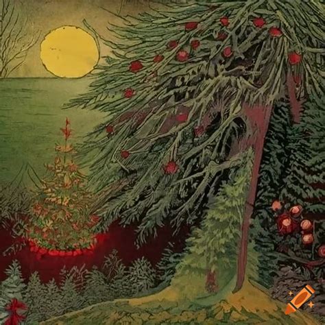 Intricate Christmas Tree Illustration In A Magical Forest On Craiyon