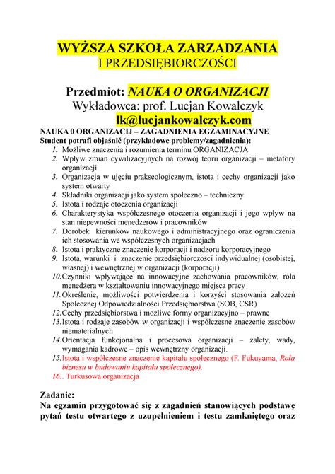 Nauka o organizacji 15 sylabus WYŻSZA SZKOŁA ZARZADZANIA I