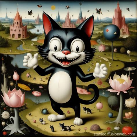 Felix The Cat In The Style Of Garden Of Earthly Delights By Hieronymus