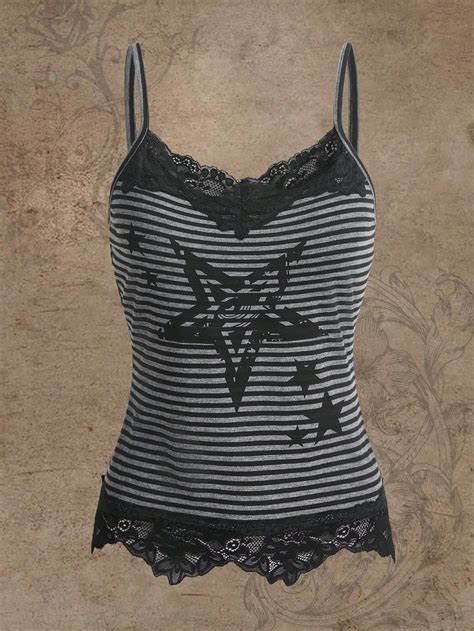 Fairycore Striped Star Print Contrast Lace Cami Top In Clothes