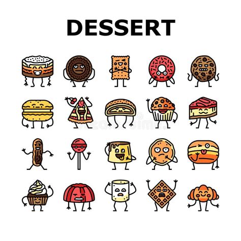 Dessert Character Food Cake Icons Set Vector Stock Illustration