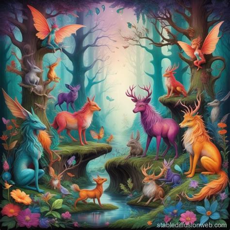 Whimsical Piece Of Vibrant Colors In Enchanted Forest Filled With