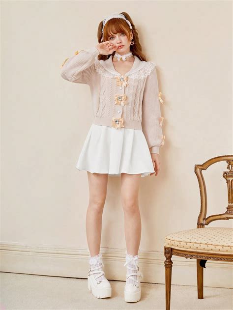 Romwe Kawaii Contrast Lace Bow Front Cable Knit Cardigan Shein Usa