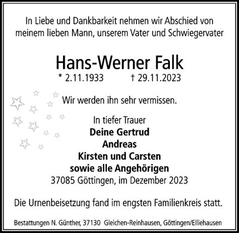 Traueranzeigen Von Hans Werner Falk Trauer Anzeigen De