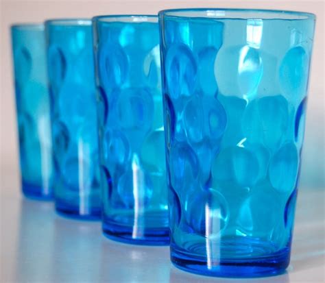 Vintage Blue Glass Tumblers Bubble Glass Set Of 4