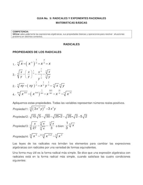 PDF PROGRAMA DE MEJORAMIENTO GUÍA 10 RADICALES Y EXPONENTES