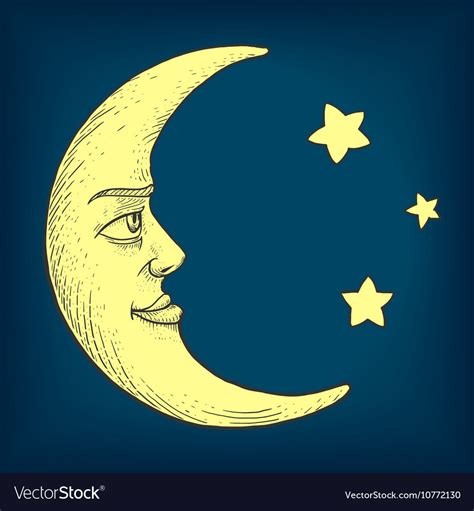 Moon With Face Engraving Style Royalty Free Vector Image