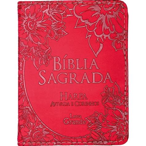 Bíblia Sagrada Pequena Letra Grande rc Harpa Capa pu Luxo Vermelha