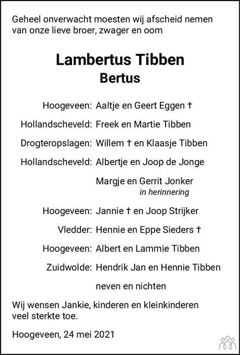 Lambertus Bertus Tibben Overlijdensbericht En Condoleances