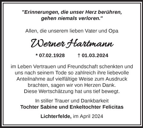 Traueranzeigen Von Werner Hartmann M Rkische Onlinezeitung Trauerportal