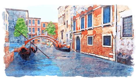 Venice Canal And Ancient Buildings In Watercolor Stock Illustration