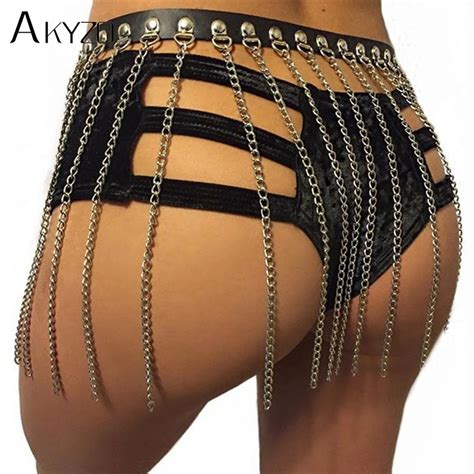 Akyzo Metal Chain Patchwork Tassel Mini Skirt Women Punk Hollow Out