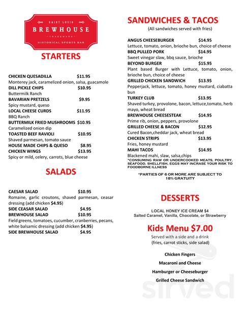 Brewhouse Historical Sports Bar menu in St. Louis, Missouri, USA