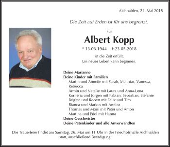 Traueranzeigen von Albert Kopp Schwarzwälder Bote Trauer