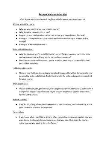 Ucas Personal Statement Checklist Teaching Resources