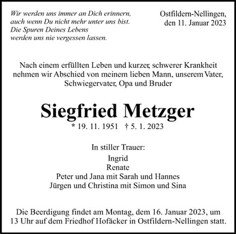 Traueranzeigen Von Siegfried Metzger Zeit Des Gedenkens De