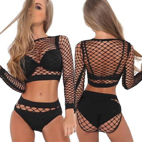 Women Bikini Cover Up Mesh Sheer Crop Top Long Sleeve See Through