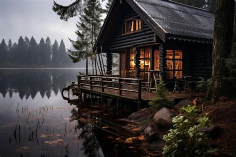 Cabana Em Um Lago Na Floresta Foto Premium