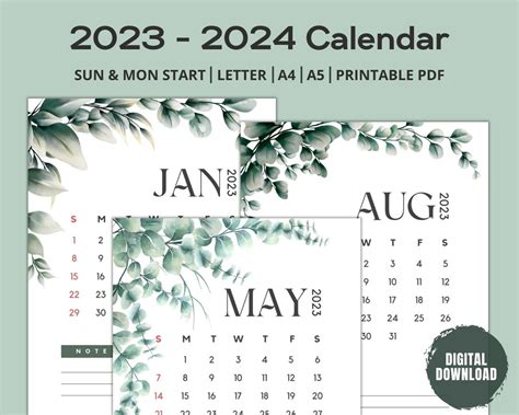 2023 2024 Printable Calendar Monthly Calendar Year Calendar - Etsy