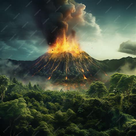 volcano erupting   forest premium ai generated image