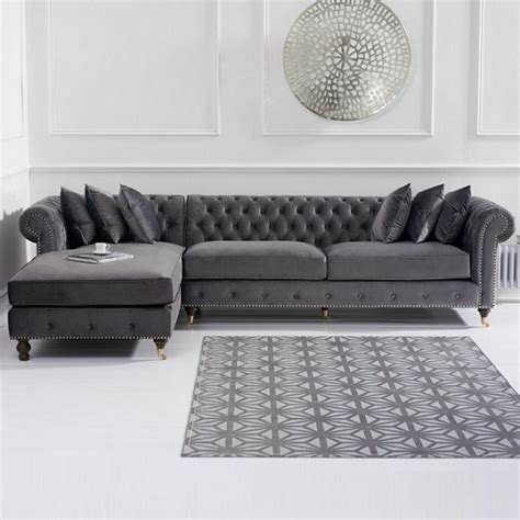 Grey Velvet Chesterfield Corner Sofa | Baci Living Room