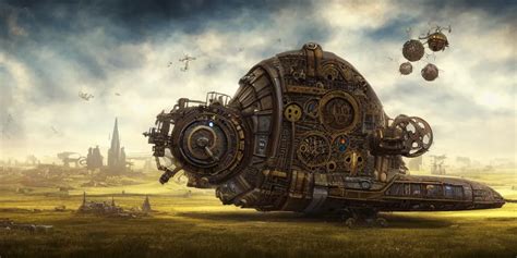 Steampunk Spaceship Hovering Over Fields And Small Stable Diffusion