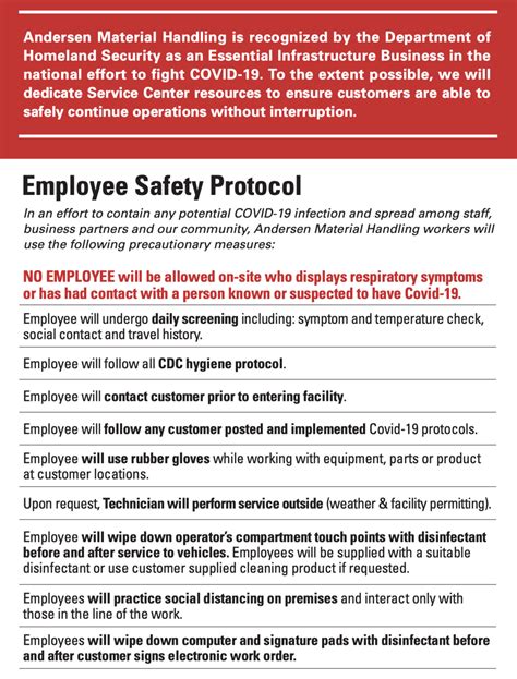 Important Employee Safety Protocol Andersen Material Handling