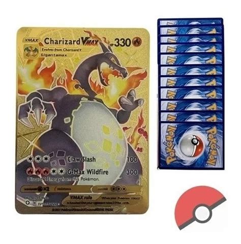 Carta Pokemon Charizard Vmax Shiny Dourada 10 Cards Brinde