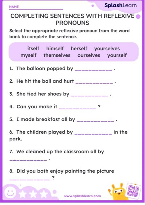 Completing Sentences With Reflexive Pronouns Printable Ela Worksheet