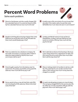 Percent Word Problems Interactive Worksheet Education