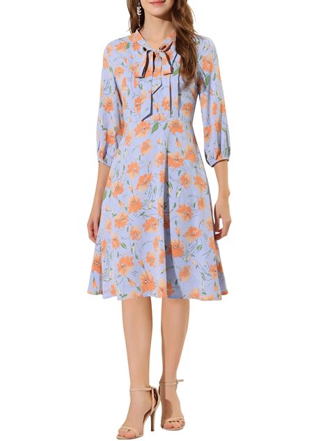 Allegra K Women S Floral Tie Neck 3 4 Sleeve Work Midi Flowy Flare