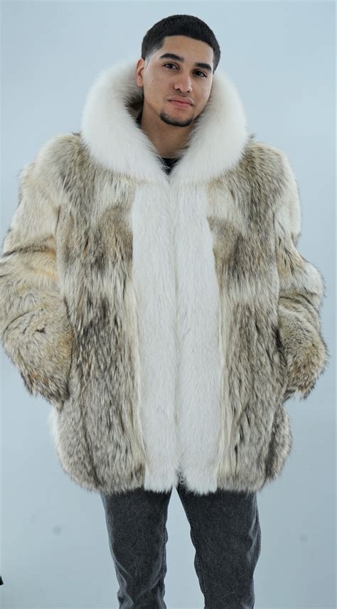 Men S Coyote Fur Jacket White Fox Trim Hood Furs MARC KAUFMAN FURS