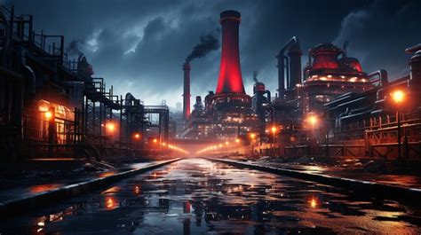 Premium Ai Image Industrial Factory At Night With Striking Red Light