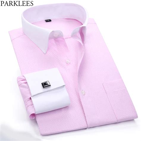 Pink French Cufflink Shirt Men Floral Jacquard Long Sleeve Male Business Casual Shirts Slim Fit ...