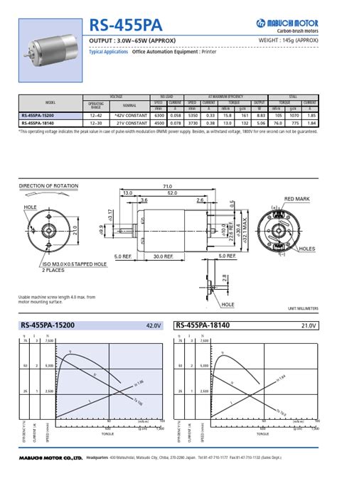 RS 455PA Datasheet Motors Equivalent Mabuchi Motor