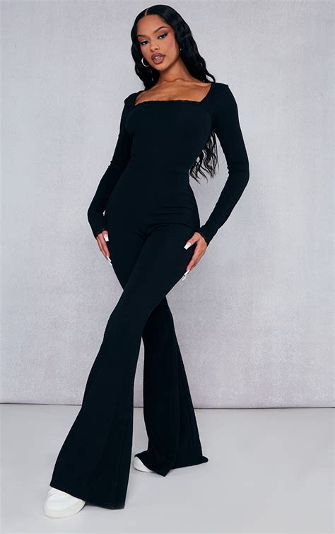 Black Rib Lace Trim Long Sleeve Flare Leg Jumpsuit Jumpsuits