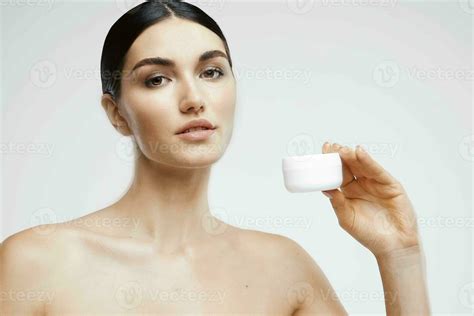 Pretty Woman Naked Shoulders Face Skin Care Light Background 23612328