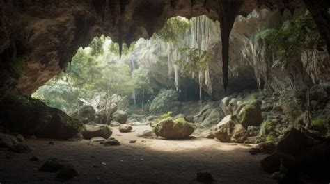 Premium AI Image | Illustration of beautiful cave scenery from inside ...