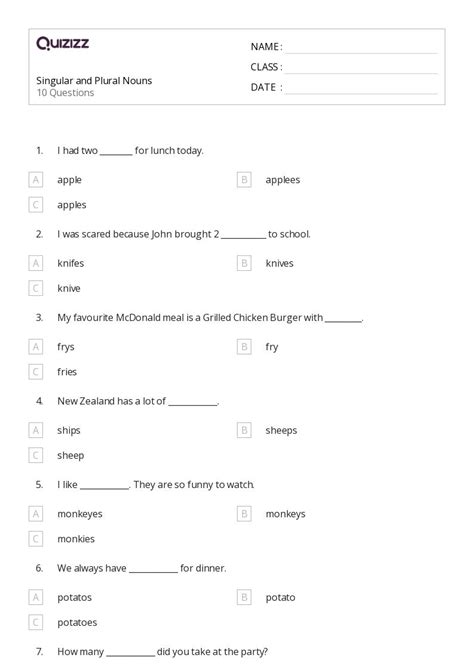 50 Plural Nouns Worksheets For 5th Class On Quizizz Free And Printable