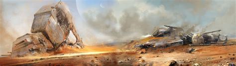 An Image Of A Sci Fi Battle Scene In The Desert With Destroyed Vehicles