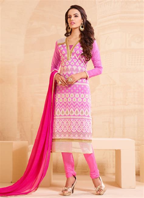 Flattering Hot Pink Color Chanderi Cotton Churidar Salwar Suit