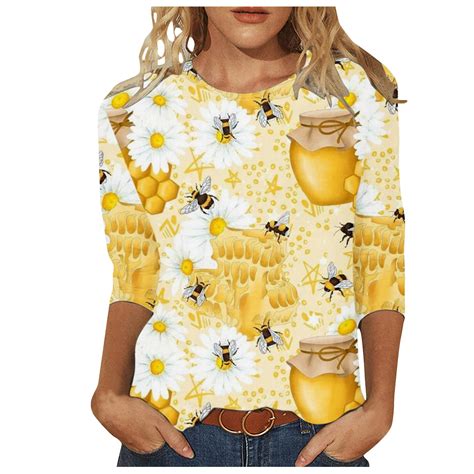 Womens 3 4 Sleeve Tees Happy Bee Graphic Tops Summer Funny Save The