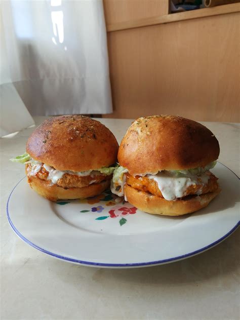 Homemade Buffalo Chicken Burger With Homemade Sourdough Buns And Blue