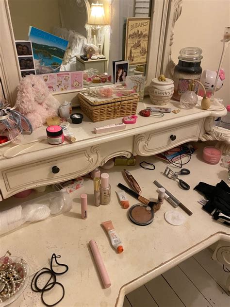 Organized Vanity Desk With Makeup Items