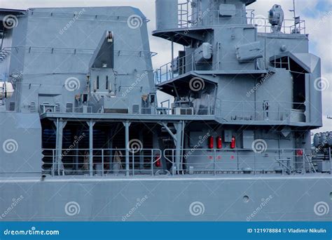 Grey Navy Battleship In A Port In Summertime Stock Photo Image Of