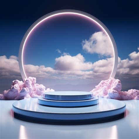 Pastel Blue Neon Glowing Frame Ring Glow Light Podium Stage Clouds